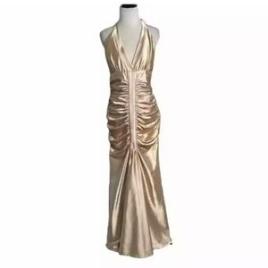 Jessica McClintock 8 Metallic Gold Full Length Halter Dress Gown Flawed Hem